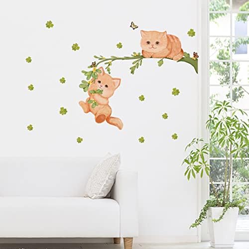 קריקטורה חתול מדבקות קיר חמוד חתול על ענפי עץ קיר מדבקות פרפר דקור ויניל בנות חדר שינה מדבקות ילדים