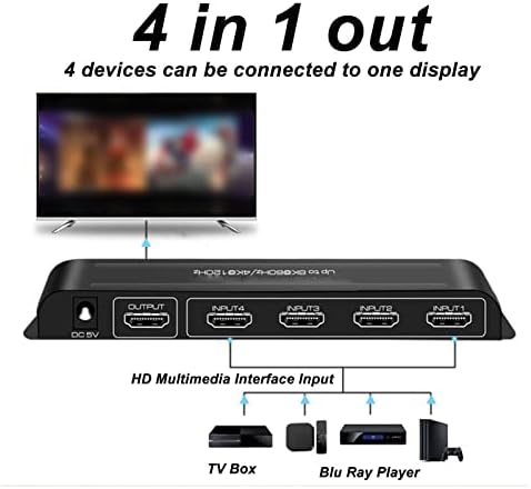 מתג Naroote 8K HD, 60Hz 8K HD Splitter Plug and Play 4 ב 1 פלט יציב מהיר למחשב