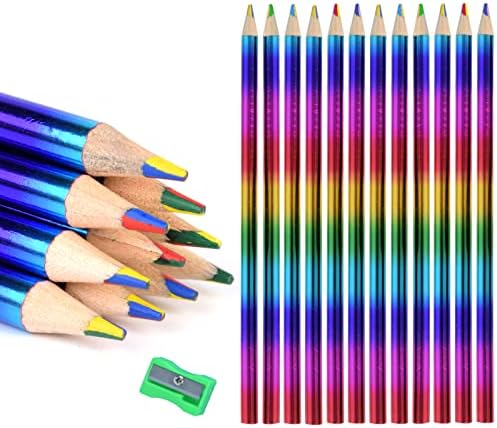 עפרונות קשת רב-צבעוניים בצבעי עץ צבעוניים, 4 ב -1 בעפרונות ידידותיים לסביבה לכיתות, כמו גם רישום אמנות,
