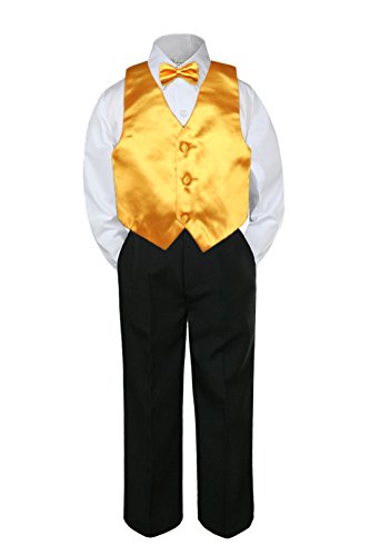 4PC פורמלי תינוק נער נער צהוב אפוד צהוב סט עניבת עניבת מכנסיים שחורים חליפה S-14