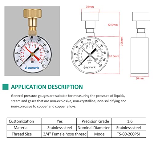 LEPMERK 2-1/2 '' מד לחץ לחץ לחץ על בדיקת לחץ על מד 3/4 '' חוט צינור נקבה 0-200 psi עם מצביע אדום