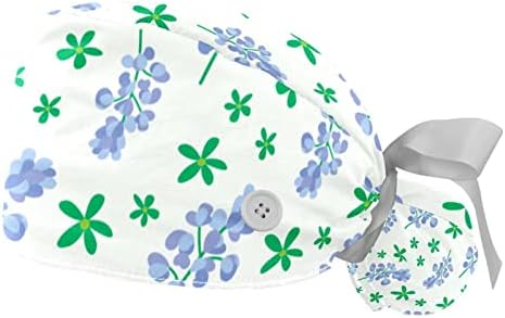 כובעים רפואיים של Lorvies לנשים עם כפתורים שיער ארוך, כובע עבודה מתכוונן 2 חלקים, דפוס פרחי Bluebonnet
