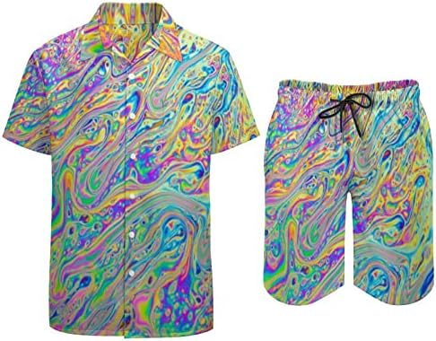עניבה טריפי פסיכדלית צבע תלבושות חוף לגברים 2 חלקים כפתור הוואי למטה חולצה עם שרוול קצר וחליפות מכנסיים