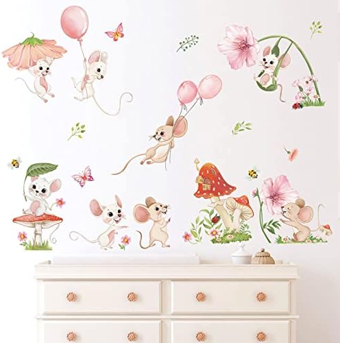 בלון עף חיות קיר מדבקות עכבר פרחי קליפת מקל קיר אמנות מדבקות עבור תינוק משתלת ילדים חדר שינה סלון