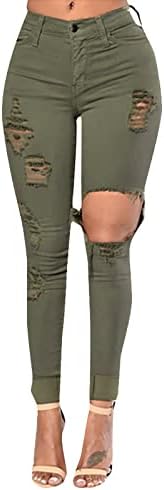 מכנסיים של Miashui Jean לנשים חתוך נשים מותניים גבוהות לנשים שופע קרוע ג'ינס קרוע קדמי הרמת נשים קדמיות