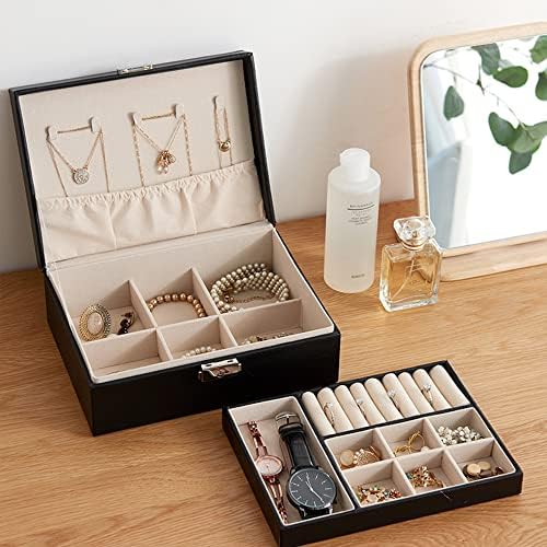 מארגן קופסאות תכשיטים Qktyb לנשים בנות 2 שכבות קופסאות תכשיטים מארז תכשיטים עור עם קופסת אחסון תכשיטים