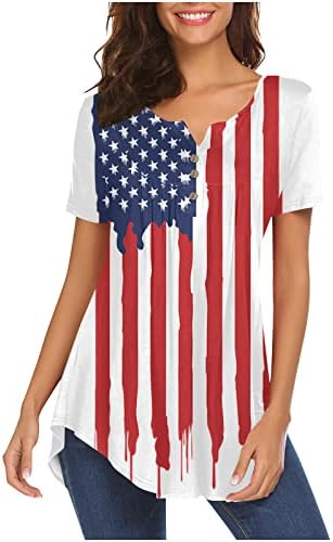 נשים חולצות קיץ בתוספת גודל קצר שרוול הנלי טוניקות קומפי כפתור עד חולצה אמריקאי דגל כוכב פסים הדפסת
