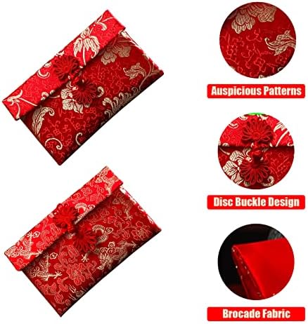 מעטפות אדומות משי סט של 2 - מעטפות כסף לחתונה סינית מסורתית - עיצוב דרקון פיניקס - 7.5x4.3in - חומר