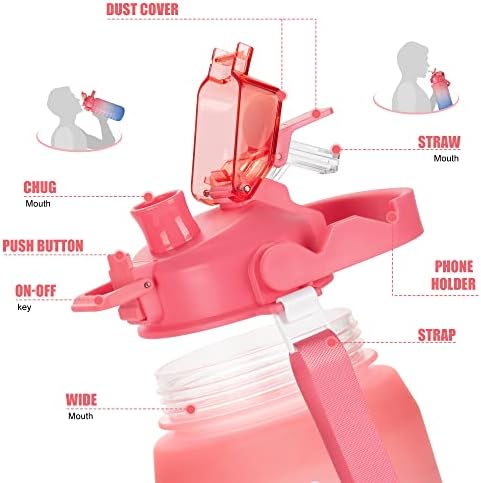 Qimukkx בקבוק מים חצי גלון עם קש, בקבוק מים 64 גרם עם סמן זמן, בקבוקי מים מפלסטיק עם מכסה Chug & Straw,
