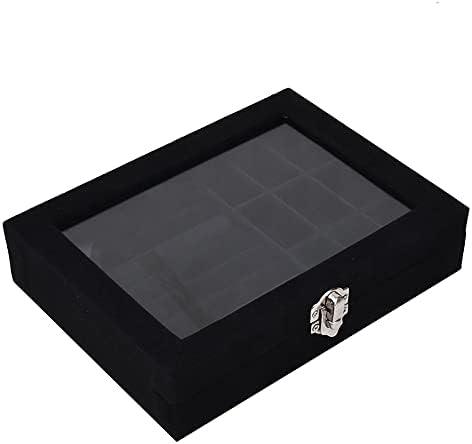 תיבת אחסון תכשיטים של Ynxee, עגילים טבעות קופסת תכשיטים פשוטה עם מכסה חלון שקוף, 8 x 6 x 2 , אקווה קטיפה