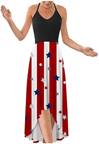 4 ביולי שמלות מקסי לנשים שמלת בוהו קיץ מזדמן דגל אמריקאי סקופ צוואר קאמי שמלות קיץ ללא שרוולים