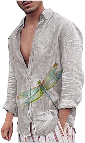 חולצות פשתן כותנה של Beuu לגברים, כפתור סתיו למטה ציפורי שרוול ארוך ציפורים הדפסות חולצות הוואי מזדמנים