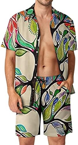 עניבת צבע פסיכדלי עץ שמימי של גברים 2 חלקים תלבושות חוף כפתור הוואי למטה חולצה עם שרוול קצר וחליפות