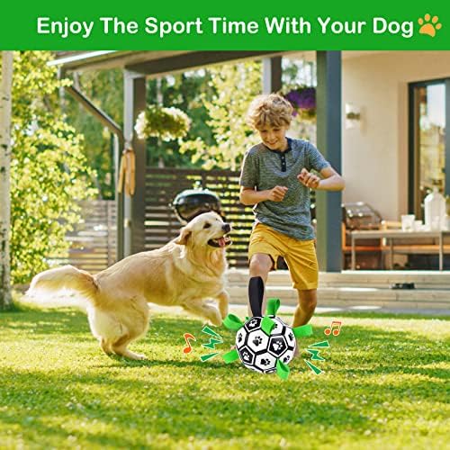 נוגט כלב כדורגל כדור עם פעמון בתוך, כדור עבור כלב מקורה חיצוני, כלב חורק כדורי עם רצועות, אינטראקטיבי