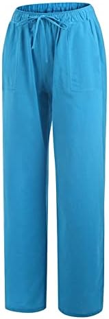 מכנסי פשתן לנשים מותניים גבוהים צבע אחיד שרוך מכנסי רגל רחבים מכנסי חוף מכנסי יוגה מזדמנים עם כיסים