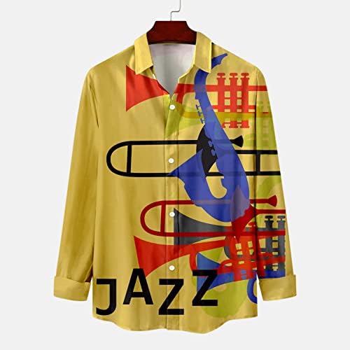 כפתור מזדמן של ZDDO לגברים למטה חולצות שרוול ארוך סתיו חוף חוף וינטג 'מוסיקה ג'אז הדפסת ג'אז הדפסת באולינג