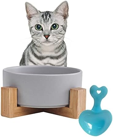 קרמיקה כלב חתול קערה עם מעמד עץ, חתול מזון & מים קערות מוגבה שאינו לשפוך מודרני חמוד חתול צלחת כבד משוקלל